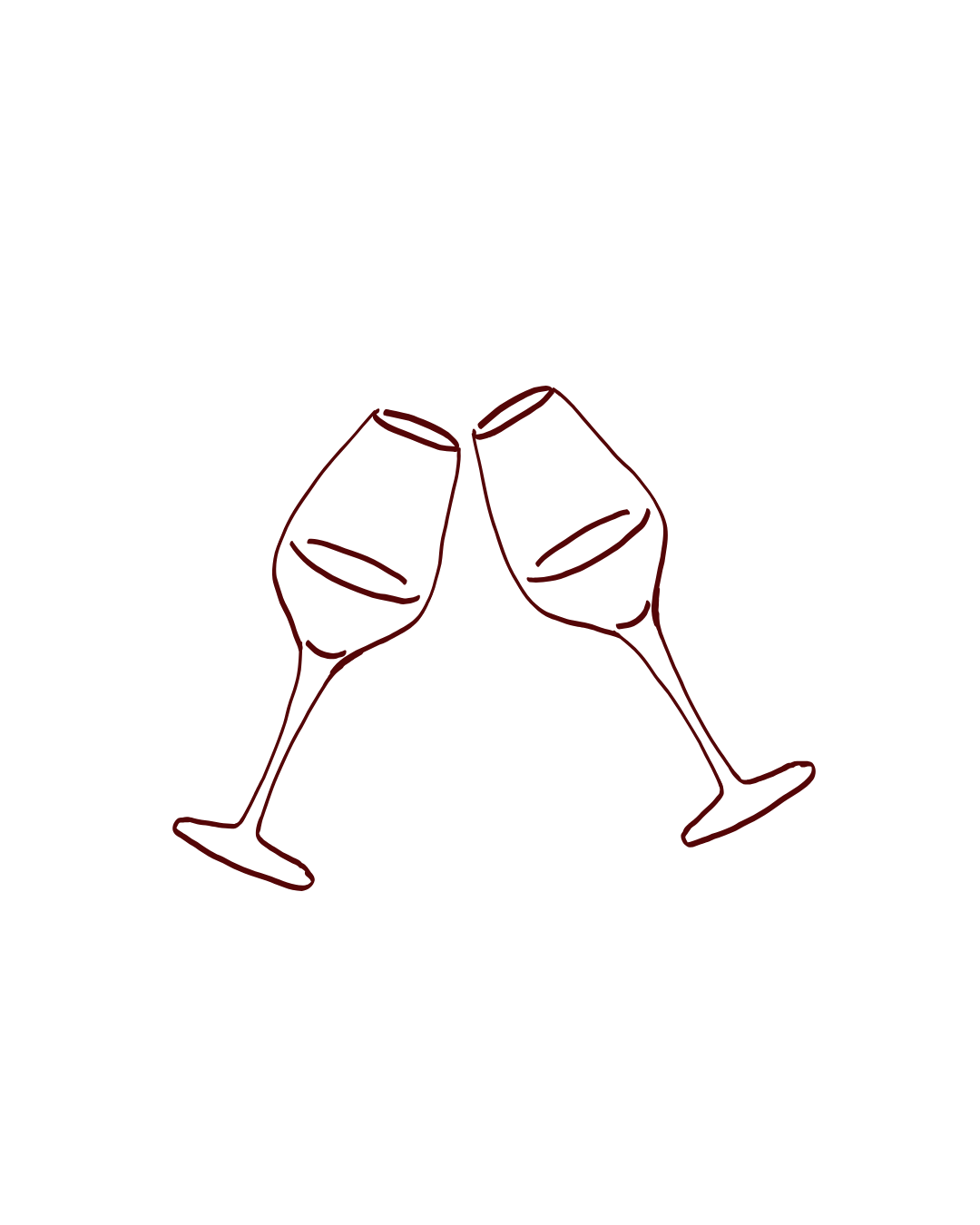 Line drawing of two wine glasses raised in a toast